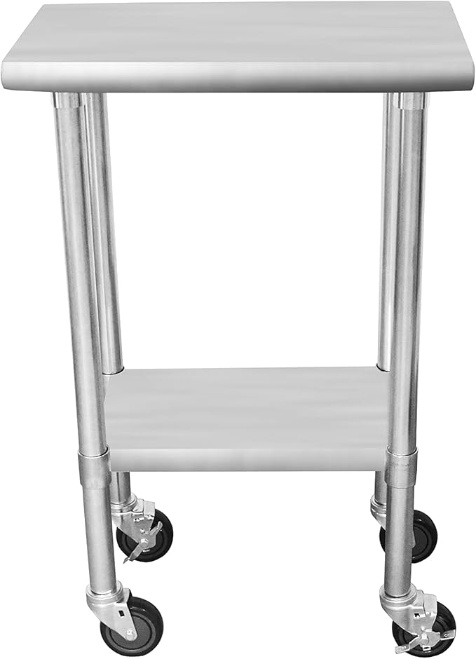 ROCKPOINT Stainless Steel Table for Prep & Work with Caster Wheels 14x24 Inches, NSF Metal Commercial Kitchen Heavy Duty Table with Adjustable Under Shelf and Table Foot for Restaurant, Home and Hotel