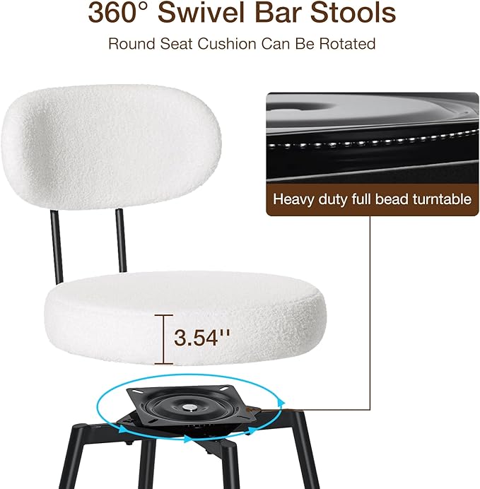 HOMMPA Counter Height Swivel Bar Stools Set of 2 Boucle Barstools 26'' Upholstered Modern Counter Barstools with Back Metal Legs Bar Stools Chairs for Kitchen Counter Island White