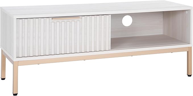 SAFAVIEH Lylia TV Stand for up to 55" Flatscreen – White with Gold Legs & Handle, 1 Sliding Door, 1 Open Shelf, Entertainment Media Console (MED9617C)