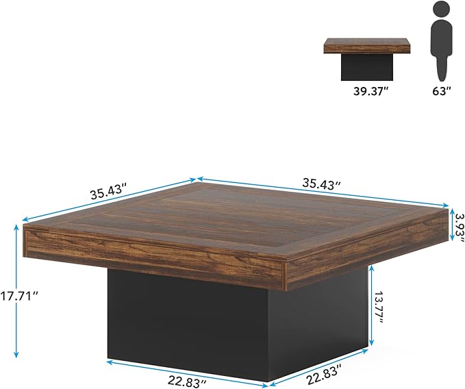 Tribesigns Coffee Table Square LED Coffee Table Engineered Wood Low Center Cocktail Tables for Living Room (Rustic Brown+Black)