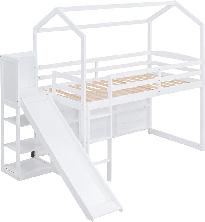 Twin Size House Loft Bed with Slide, Storage Shelves and Light, Wood Kids Bed Frame with Guardrail and Ladder,Climbing Ramp,for Teens Boys Girls Bedroom, White