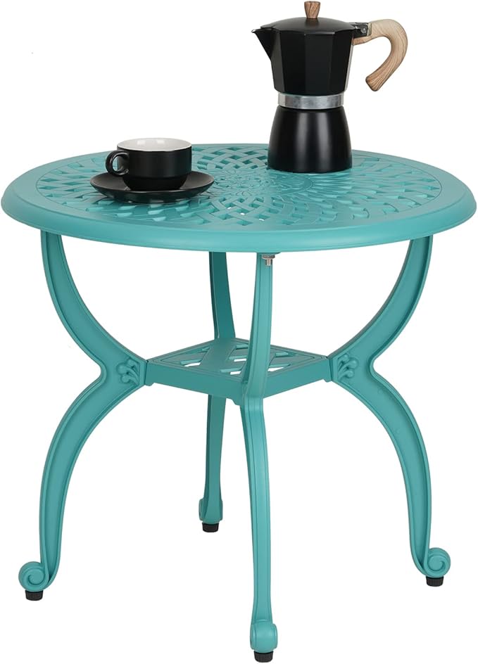 JARDIN DE CENTENNIAL Cast Aluminum Outdoor Side Table,Anti-Rust Outdoor End Table,Patio Coffee Bistro Table for Indoor,Garden,Porch,Balcony(Round Blue)