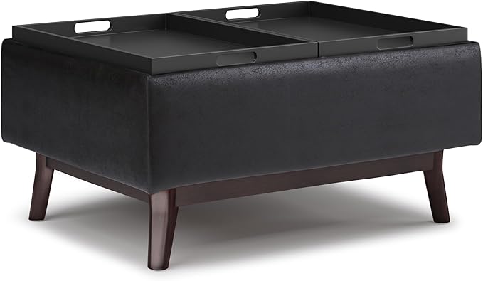 SIMPLIHOME Owen 34 inch Wide Mid Century Modern Rectangle Tray Top Small Coffee Table Storage Ottoman in Distressed Black Vegan Faux Leather, Assembled, for the Living Room, Entryway and Family Room