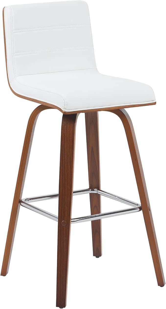 Vienna Modern Swivel Bar Height Stool with Snow White Faux Leather Seat and Walnut Finished Wood Frame Set of 2