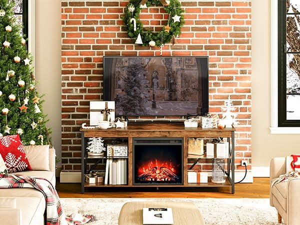 HOOBRO Fireplace TV Stand with Charging Station and LED Lights, TV Stand with Fireplace for TVs up to 65", Entertainment Center with Fireplace, Glass Shelves, Rustic Brown and Black BF140UDDS01