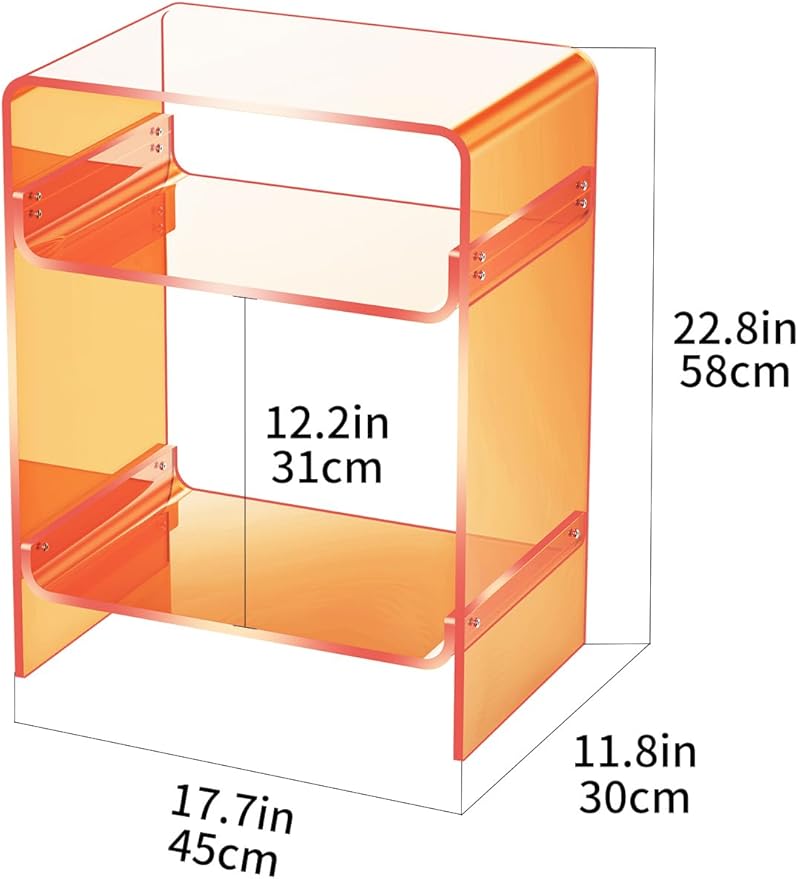 Acrylic Record Player Table with Storage Shelf, Clear Side Table Nightstand (Orange)