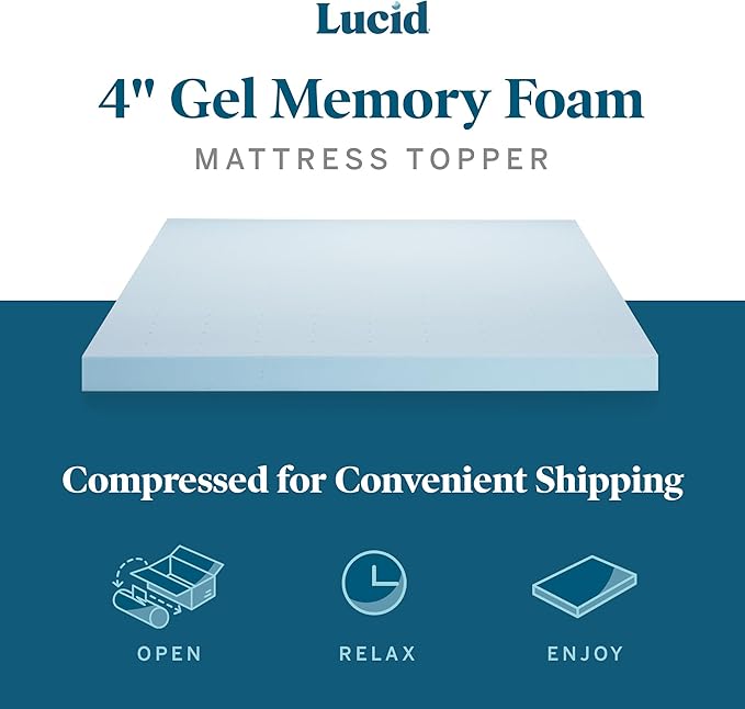 LUCID 4 Inch Gel Memory Foam Mattress Topper-Ventilated Design-Ultra Plush-Twin