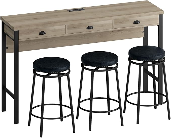 KEIKI 60.24” Long Bar High Top Dining Table and 3 Stools Chairs Set with Drawer & Power Outlet, Wood Behind Couch Sofa Counter Height Pub Furniture for Breakfast, Kitchen Living Party Room, Black