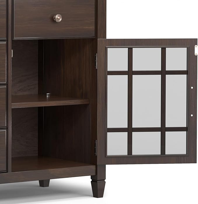 SIMPLIHOME Connaught Buffet - 60 inch Wide Solid Wood 3-Door Sideboard Buffet in Chestnut Brown, Traditional Storage Cabinet for Dining Room or Kitchen with Adjustable Shelves and Classic Molding