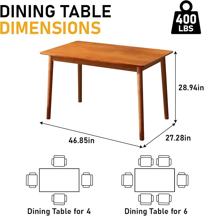 BAKEVE Dining Table for 4-6 Person- 47.2'' Solid Wood Kitchen Table, Mid Century Modern Desk, Farmhouse Rectangular Dining Room Table for Living Room, Office, Kitchen and Study (Cherry)