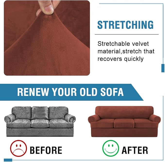 H.VERSAILTEX Sofa Cover 4 Piece T Cushion Sofa Slipcovers Thick Velvet Couch Cover Stretch T Cushion Sofa Covers for 3 Cushion Couch with 3 Individual T Cushion Covers Washable, Rust