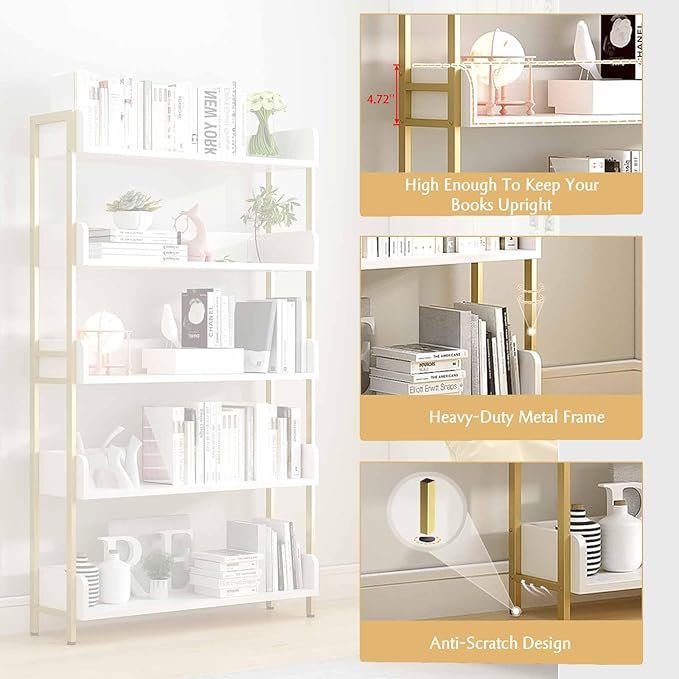 Wide Open Shelf Bookcase - Modern 4-Tier Floor Standing Display Bookshelf with Three-Side Baffles for Home and Office, Storage Shelving in Warm White with Gold Frame