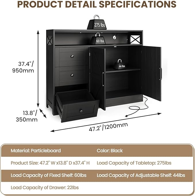 47" Farmhouse Sideboard Buffet Cabinet with Storage & Built-in Power Outlet,Coffee Bar Table Kitchen Buffet Cabinet with 3 Drawers and Barn Doors, Adjustable Shelves for Living Room Dining Room Black