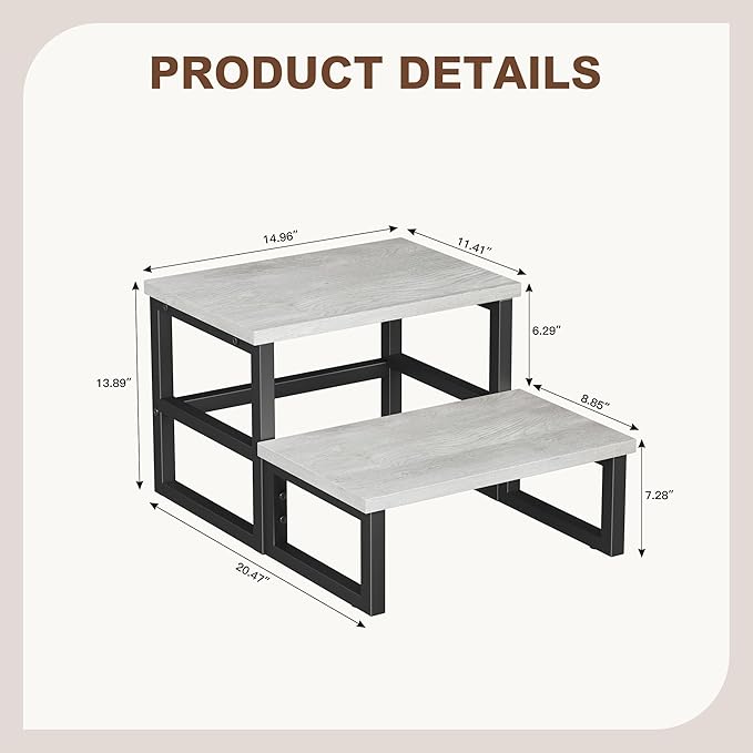 Homeiju 3 in 1 Step Stools for Adults Kids Toddler, Heavy Duty Wooden Step Stool with Non-Slip Pads, 2 Tire Step Stool for Kitchen Bathroom Bedroon Stepping Stool, Light Grey