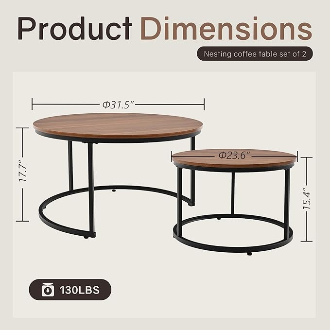 Nesting Tables Set of 2, 31.5" Round Coffee Table, Small Nesting Coffee Table with Adjustable Non-Slip Fee, Wood Grain Top Nesting Tables for Living Room, Bedroom (Wood Grain Brown)