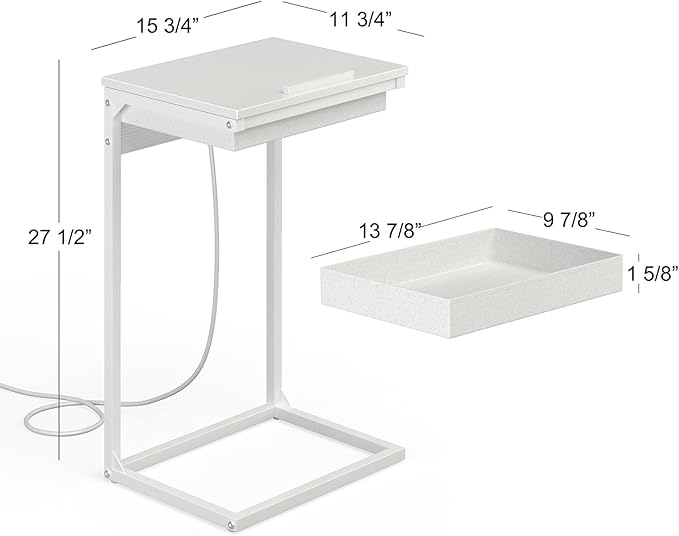 C Shaped End Table with Charging Station, 45° Tiltable Adjustable Flip Top Side Table with Storage,Small C Table for Small Spaces,Slide Under Couch Sofa Bedside Table for Living Room,White