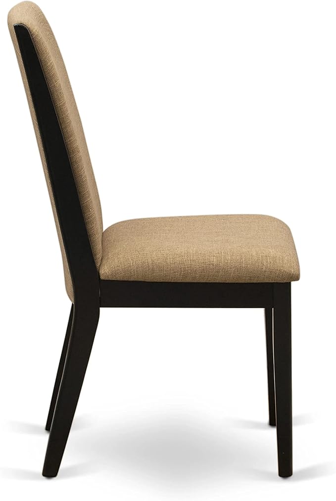 East West Furniture ESLA3-BCH-47 3 Piece Modern Dining Table Set Contains a Round Wooden Table with Pedestal and 2 Light Sable Linen Fabric Upholstered Chairs, 30x30 Inch, Black & Cherry