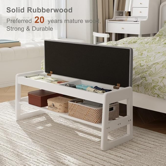 Shoe Rack Bench with Cushion,2 Tiers Shoe Bench with Flip-Top Storage,Wood Shoe Rack for Entryway,Hallway（White,39.3"）