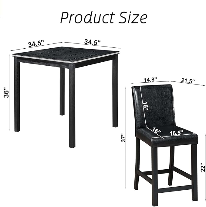 Counter Height Square Dining Table Set with 4 Upholstered Chairs - Easy to Assemble, Black