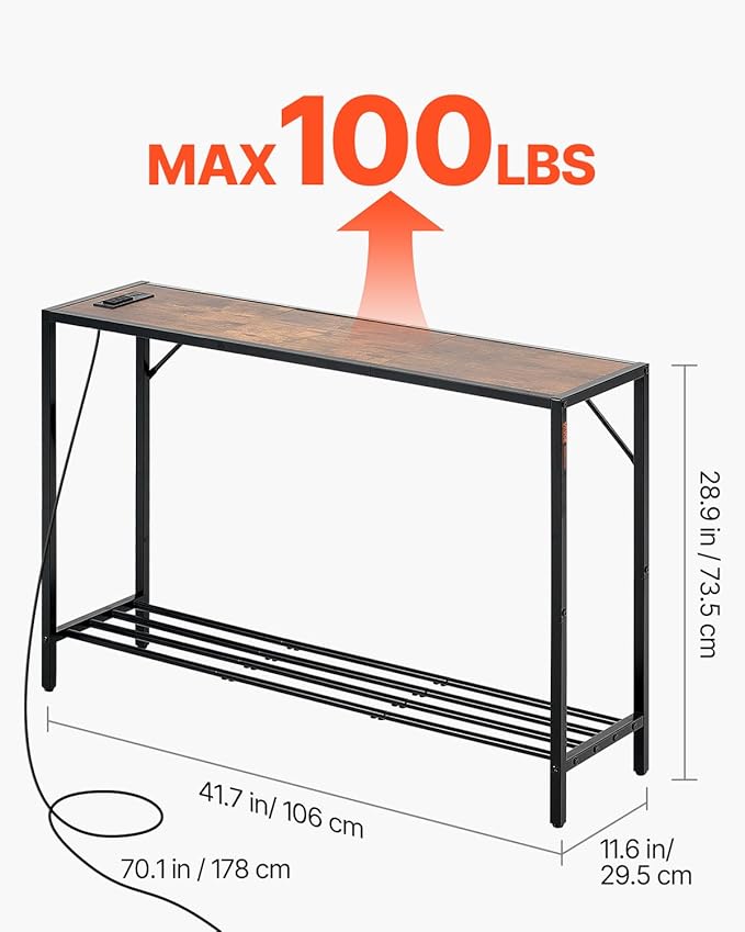 VEVOR Narrow Console Table, 41.7" Behind Couch Shelf with Power Outlets, 2-Tier Long Entryway Shelf, Sofa Table with Metal Frame and Charge Station, for Entryway, Hallway, Living Room