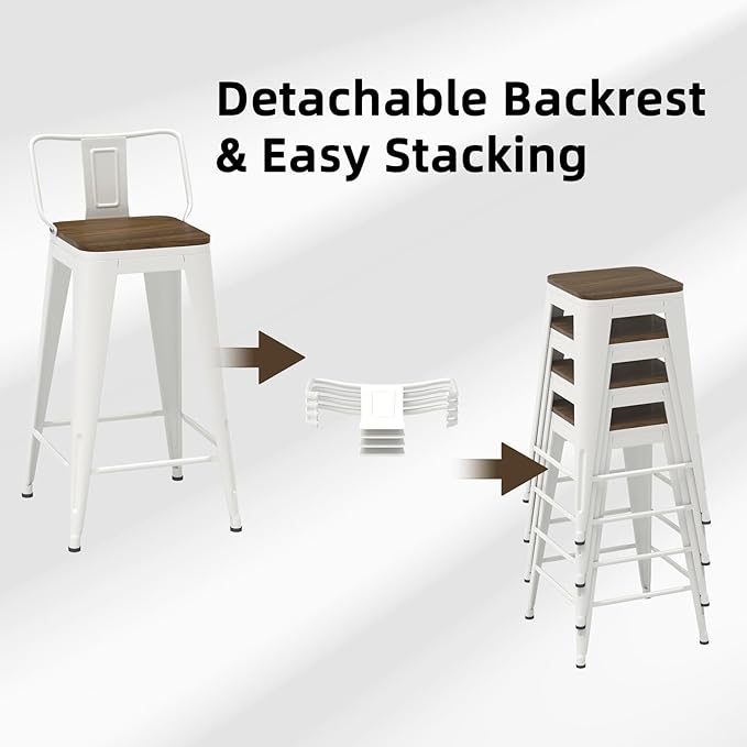 24 Inch Swivel Bar Stools Set of 4, Counter Height Bar Stools with Low Back, Metal Industrial Bar Chairs for Kitchen Island (White)