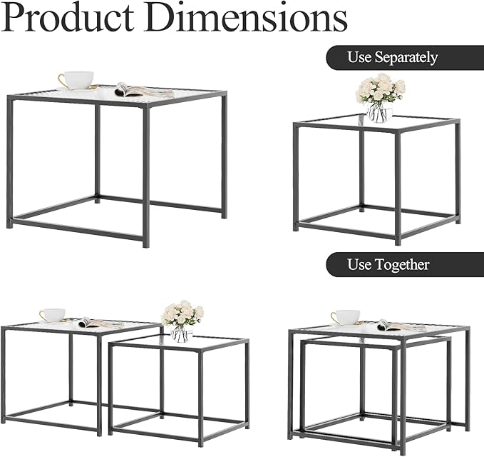 Garden 4 you Coffee Table Set of 2, Modern Patterned Glass Nesting Table, Metal Frame Square Center Table Set, Side Tables, Nesting Coffee Table for Living Room, Bedroom and Small Spaces, 23.6in Black