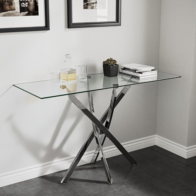 Tempered Glass Console Table with Chromed Legs, Modern Narrow Sofa Table for Hallway Entryway (Sliver, 39"x18"x30")