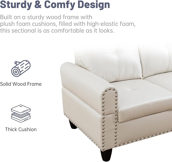 L Shaped Modular Sectional Sofa with Reversible Chaise Lounge, 5-Seater Corner Couch, PU Leather Convertible Sofá w/Movable Ottoman, Cup Holders, 2 Pillows and Rivet Ornament for Living Room