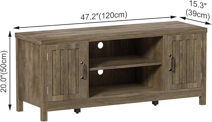 ChooChoo Farmhouse TV Stand, Wood Fluted Door Entertainment Center with Storage Cabinets and Open Shelves, Rustic Media Console up to 55 inches for Living Room, Bedroom, Grey Wash