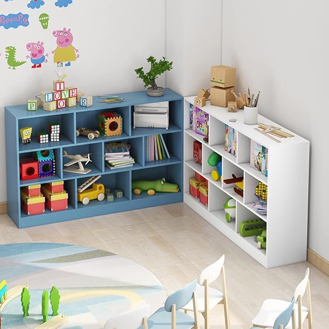 IOTXY Open Shelf Low Bookcase - Wooden 3-Tier Floor Standing Display Cabinet Organizer with Base, 8 Cubes Short Horizontal Bookshelf in Bright Blue