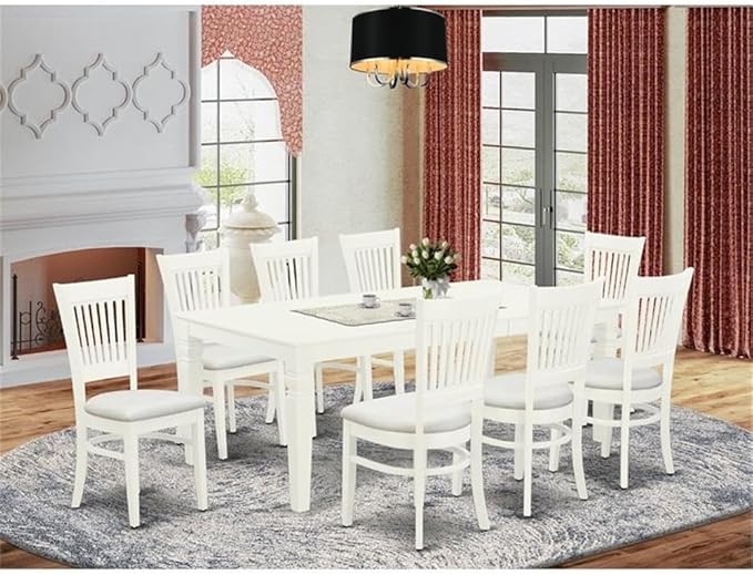 East West Furniture LGVA9-LWH-C 9 Piece Dining Set Includes a Rectangle Dining Room Table with Butterfly Leaf and 8 Linen Fabric Upholstered Kitchen Chairs, 42x84 Inch, Linen White