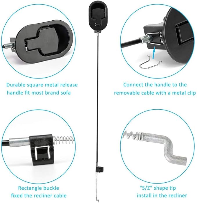 2Pcs Metal Recliner Handle Replacement Parts with Cable, Universal Sofa Chair Couch Release Lever Pull Handle, Fits Ashley and Most Recliner Sofa Brand, Exposed Cable Length 4.9"