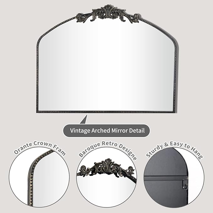AIXI HOME Vintage Black Arched Mirror 36"X29", Antique Baroque Mantel Wall Mirror with Black Brush Gold Metal Ornate Frame for Entryway/Fireplace/Living Room/Hallway/Bathroom/Bedroom