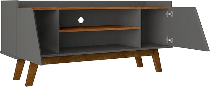 Manhattan Comfort Marcus Mid Century Modern 55 Inch TV Stand with Solid Wood Legs, Cable Management, 4 Shelves and Soft Close Doors, Entertainment Center and Media Console for Living Room, Grey