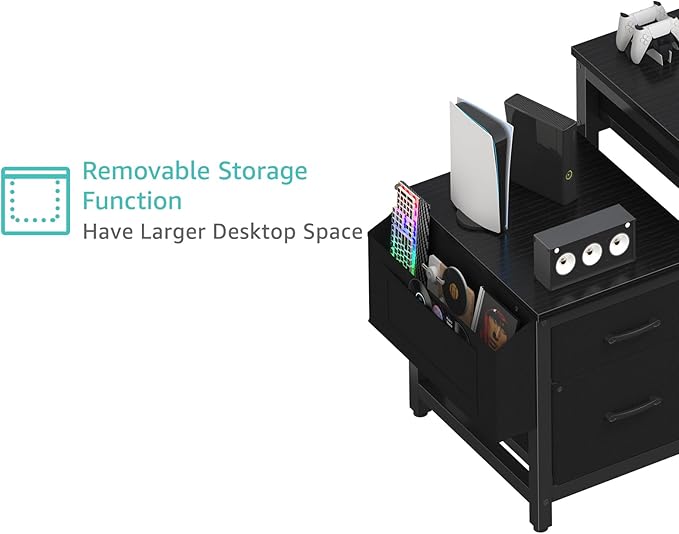 Lufeiya Gaming Desk with Fabric File Drawers Cabinet, 57 Inch Home Office Desks with Reversible Filing Cabinet Printer Stand for Small Space, Study Writing Table PC Computer Desks for Bedroom, Black