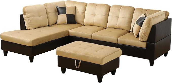 NicBex Sectional Couch 3 Pieces Sofa Set with Right Chaise Lint PVC L Shaped Cloud Couch for Living Room Furniture Sets with Storage Ottoman, Modular Sofa for Living Room & Apartment, Beige+Black
