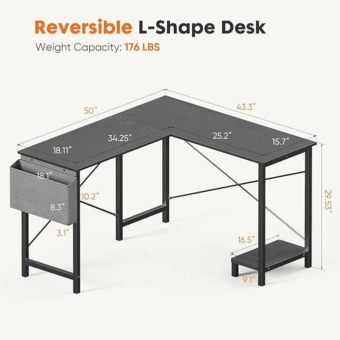 Whitmor L Shaped Gaming Desk - 50 Inch Reversible Corner Computer Desk with Wood Top, Metal Frame, CPU Stand & Side Bag, Home Office Dorm Sturdy Writing Workstation, Black
