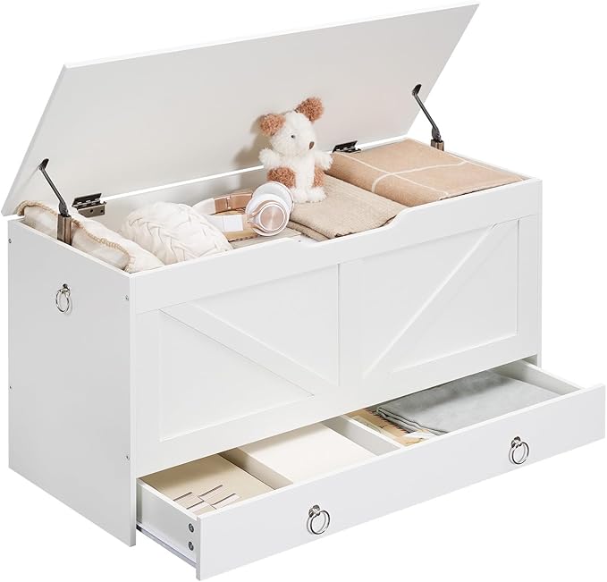 HOOBRO Storage Chest, 39.3" Toy Chest with Drawer, Wooden Storage Bench, Sturdy Entryway Bench Supports 220 lb, Shoe Bench, Safety Hinge, U-Shaped Opening, Easy Assembly, White WT710CW01G1