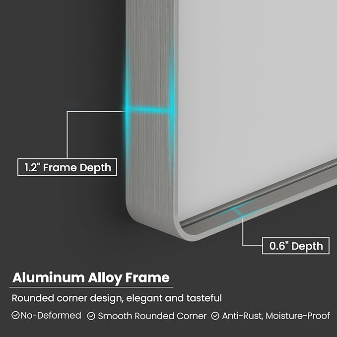 Brushed Nickel Bathroom Mirror 55x36 Inch, Brushed Silver Metal Frame Mirror Wall Mounted, Rounded Rectangle Bathroom Vanity Mirror, Tempered Glass, Anti-Rust, Horizontal/Vertical