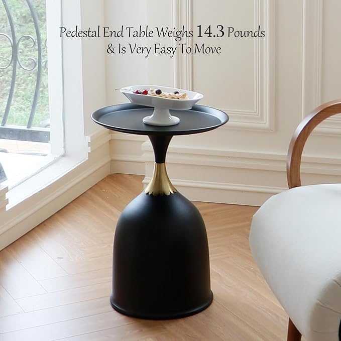 Small Round Pedestal Side Table for Small Spaces, Modern Black Couch End Tables Living Room Corner Drink Table, Unique Circle Metal Accent Martini Tables for Sofa, Recliner, Bedroom