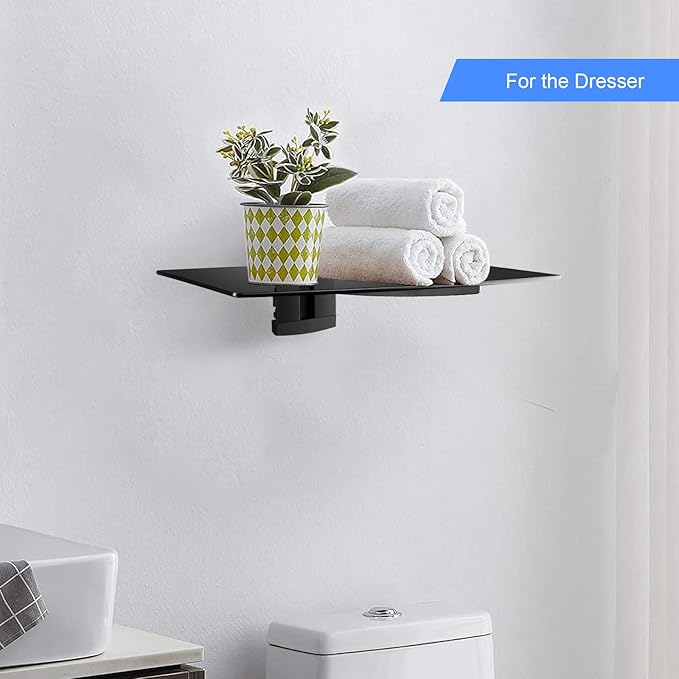 suptek Glass Floating Shelf, 1 Tier Media Shelf for TV Accessories, Flat Black Wall Mount Bracket, 17.6lbs Weight Capacity, Quick Installation, Cable Management, Custom Style, Backless
