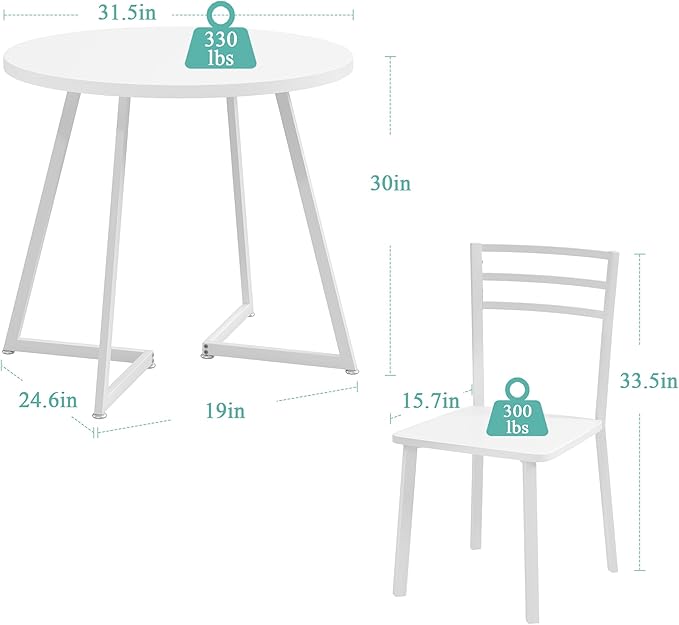 VECELO Small Round Dining Table Set for 2, Wood Tabletop with Strong Metal Frame, Modern Dinette with Chairs for Kitchen, Breakfast Nook Living Room, Pure White