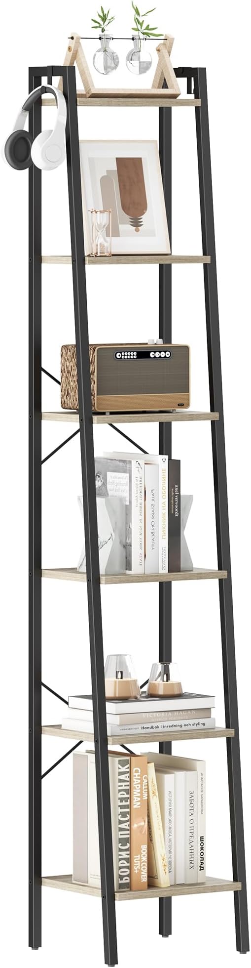 Ladder Shelf, Bookshelf Bookcase, Freestanding Corner Storage Shelve with 2 Hooks for Home Office, Living Room, Kitchen, Bedroom, Industrial, 6-Tier Greige BC13305B
