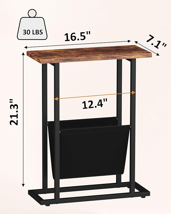 Narrow Side Table for Small Spaces, Small End Table Set of 2 with Magazine Holder, Skinny Slim Little Thin Table for Living Room, Bedroom, Sofa, Rustic Brown