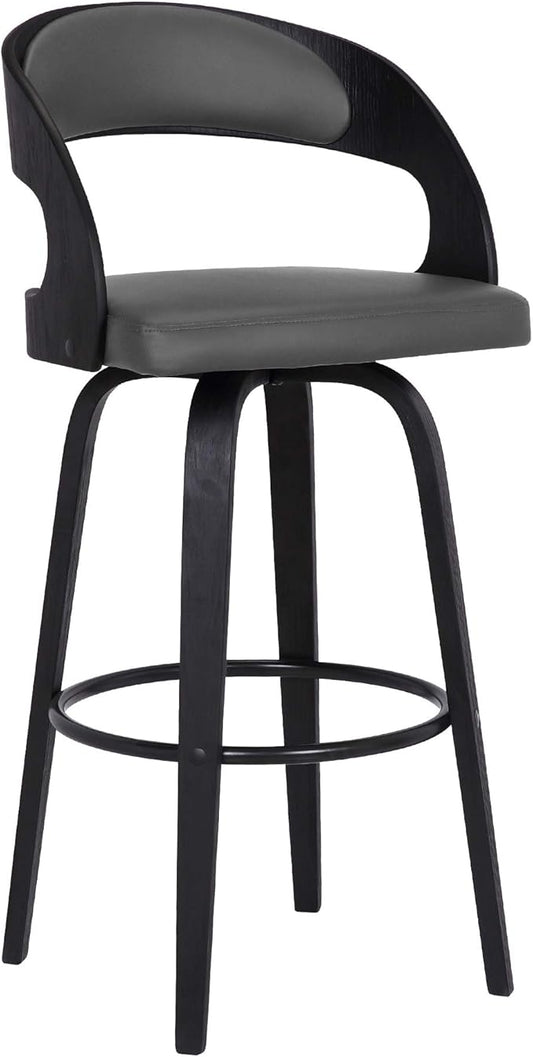 Armen Living Shelly 30" Bar Height Swivel Gray Faux Leather and Black Wood Bar Stool - Set of 2