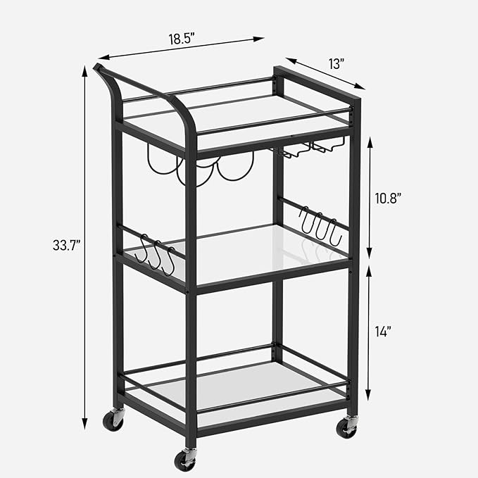 TUTOTAK Bar Cart, Home Bar Serving Cart with 3-Tier Mirrored Shelf, Mobile Kitchen Shelf, Rolling Beverage Cart, Black BC01BK034
