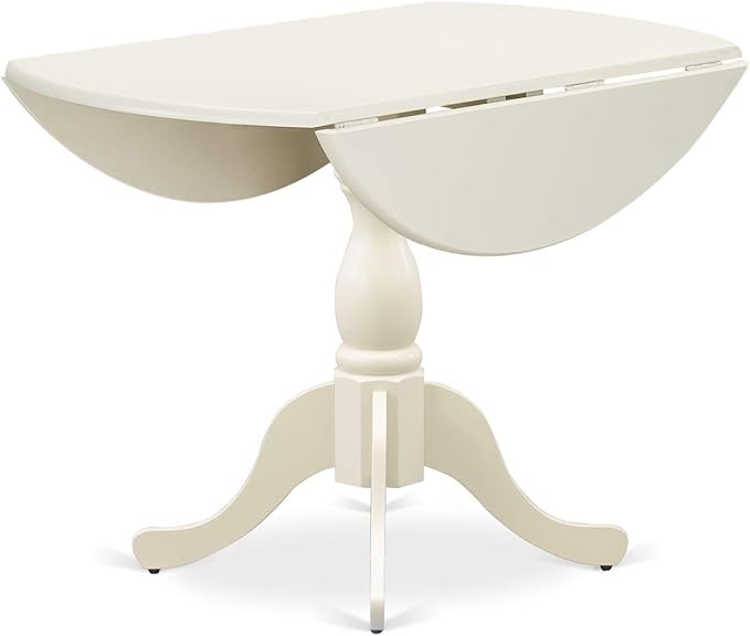 East West Furniture DMAB3-LWH-02 3 Piece Dining Table Set Contains a Round Dining Room Table with Dropleaf and 2 Light Beige Linen Fabric Upholstered Chairs, 42x42 Inch, Linen White