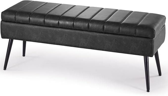CUYOCA Storage Ottoman Bench, 43.5" Faux Leather Upholstered Entryway Bench, Long Ottoman with Storage for Living Room, Support 660lbs - Black