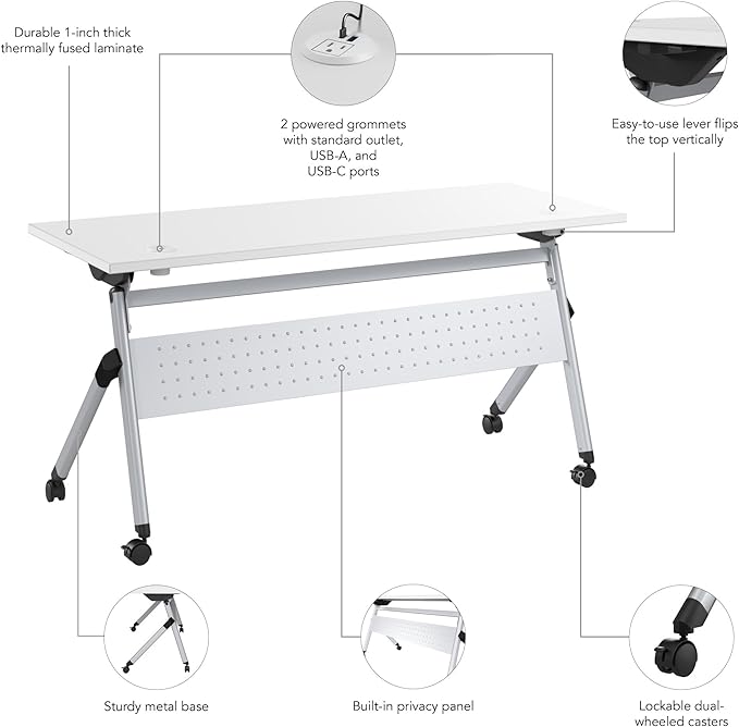 Bush Business Furniture Folding Training Table, 60 inch Desk with Powered Grommets, Commercial-Grade Bundle for Office or Classroom, Envision Collection, White