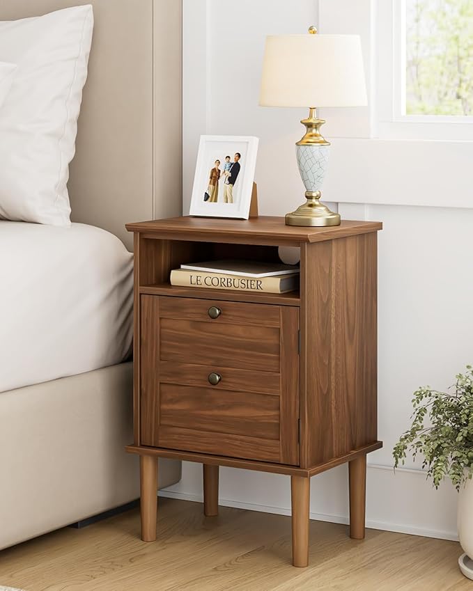 Nightstand, Boho Night Stand with 1 Drawer, Modern Side Accent Table with Open Shelf, Wooden Top Bedside End Table for Bedroom, Living Room, Walnut
